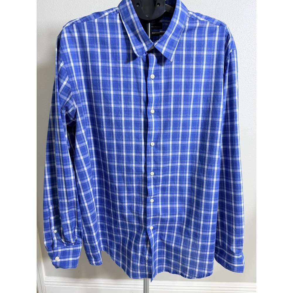 John Ashford Shirt Mens 2XL Blue Plaid Cotton Shirttail Hem Casual Button Up
